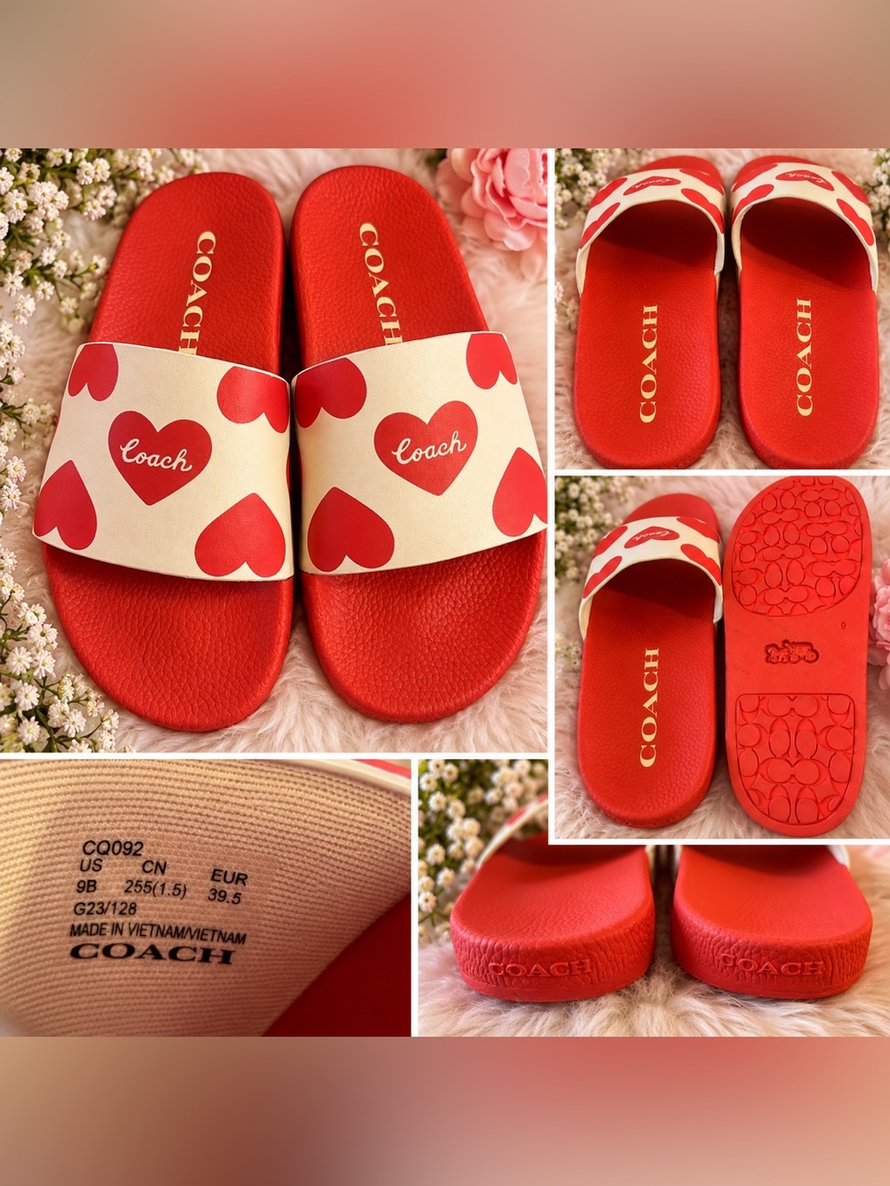 Coach Women’s Red Heart Print Slide Sandals with Cream Strap